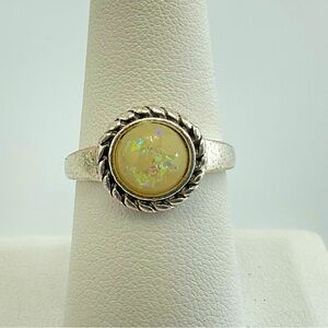 Yellow Opal Ring, Confetti Resin Opal, Vintage, BoHo, Antiqued Silver Plate